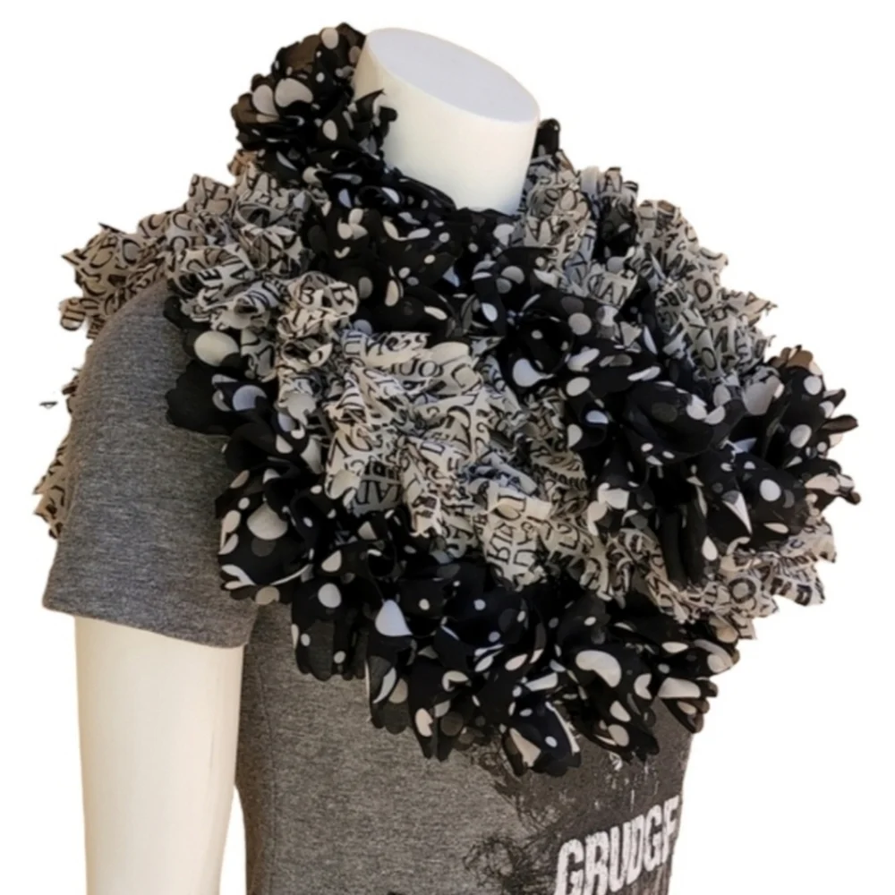 Vintage Handmade Chiffon Pom Pom Scarf Two Scarves Shreds Polka Dots US Cities
